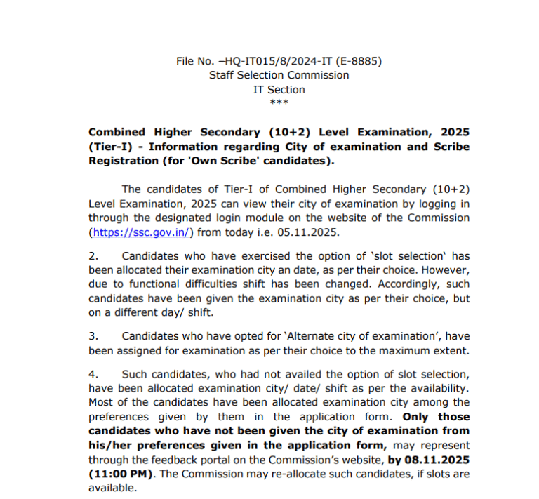SSC CHSL CITY SLIP 2025