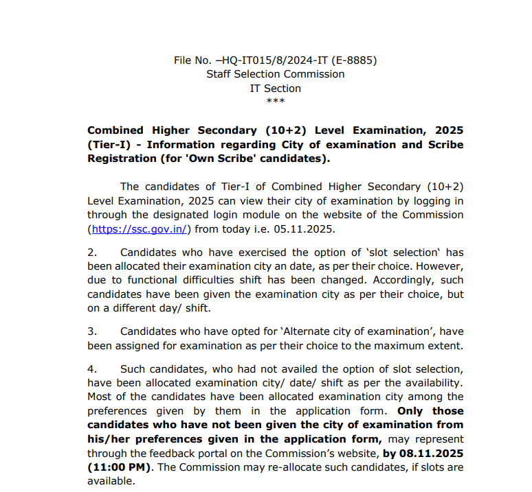 SSC CHSL CITY SLIP 2025